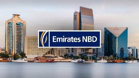 Landscape of UAE with Emirates NBD logo - one of the top banks in Dubai
